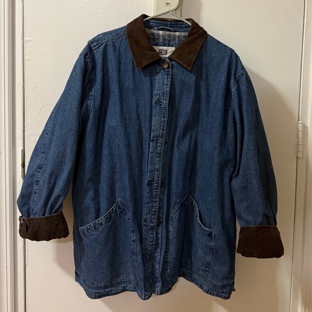Vintage Blue Denim barn jacket with Brown Corduroy Collar / chore jacket 2x